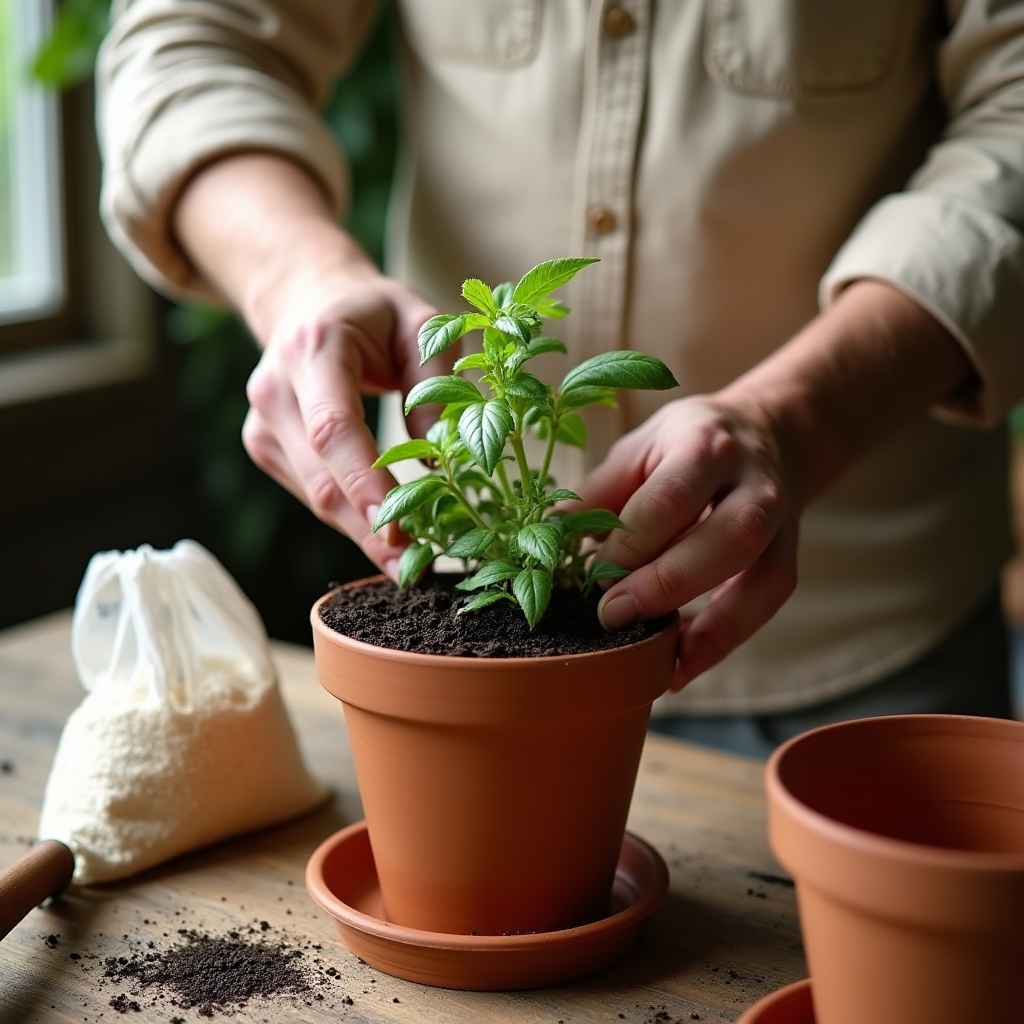 Tecnica di rinvaso di un'erba aromatica con substrato professionale