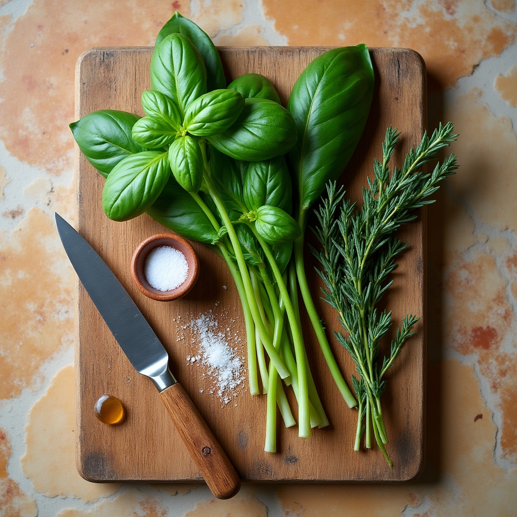 Erbe aromatiche fresche su un tagliere di legno in cucina