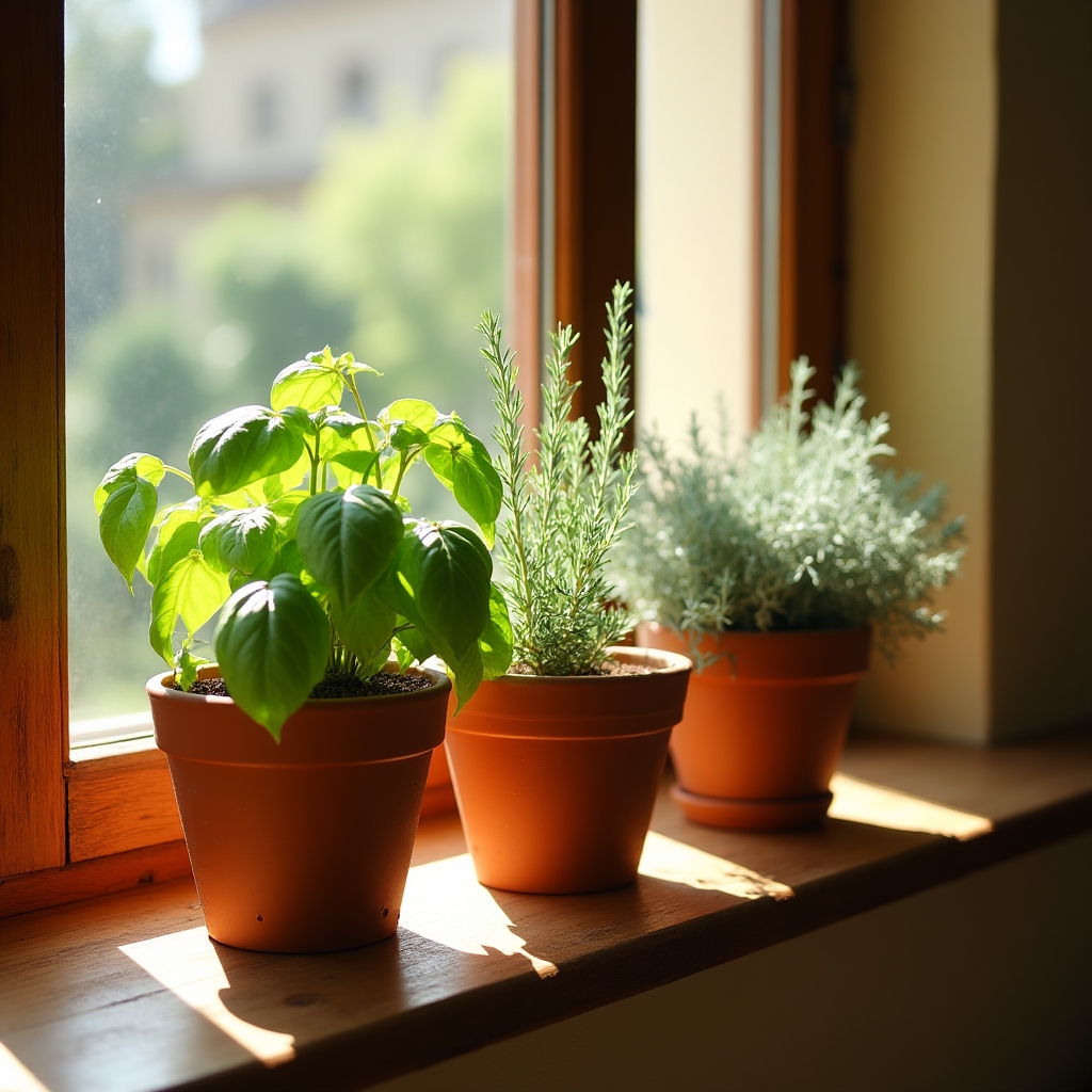 Vasi di erbe aromatiche su un davanzale soleggiato
