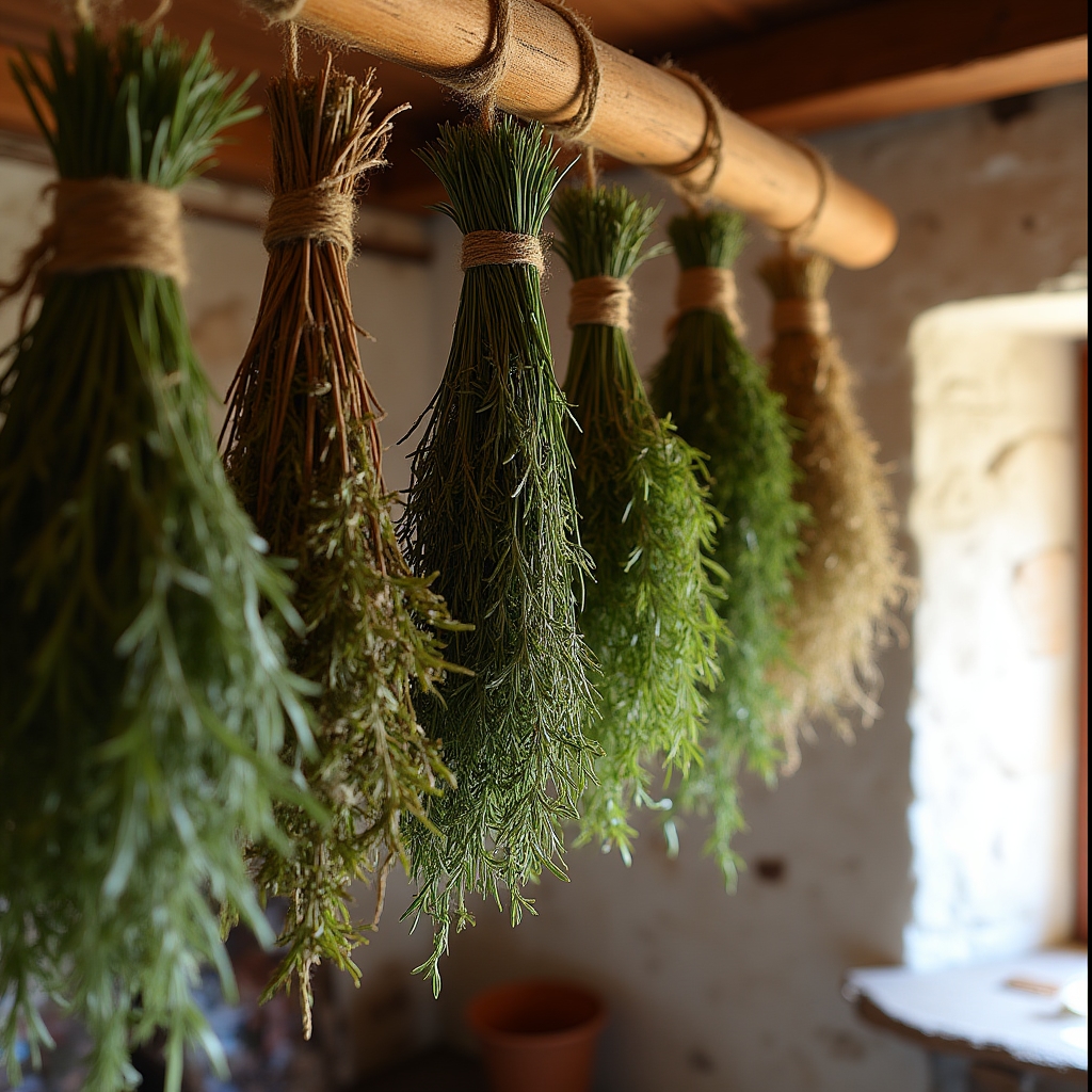 Mazzetti di erbe aromatiche appesi ad essiccare in un locale rustico