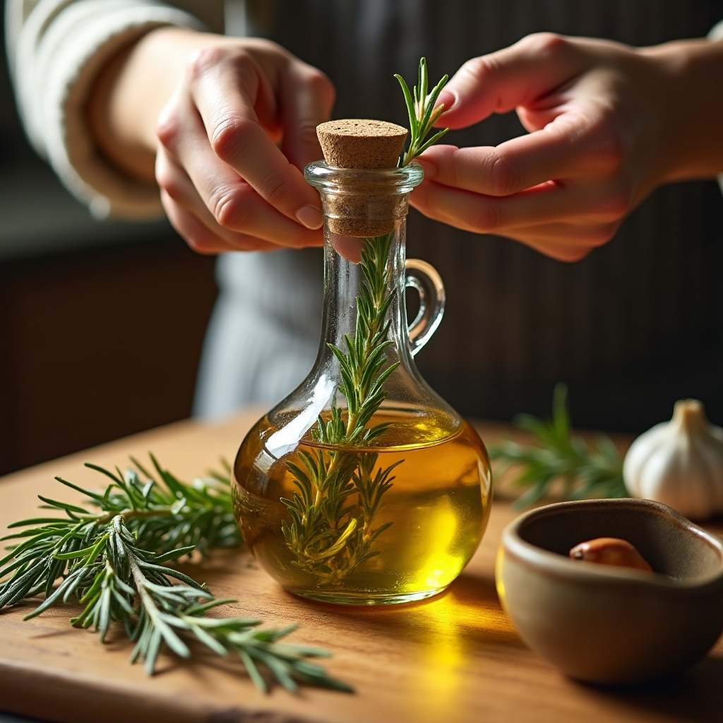 Preparazione di olio aromatico alle erbe in un barattolo di vetro