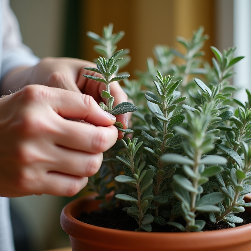 Mani che raccolgono con cura foglie di erbe aromatiche da un vaso