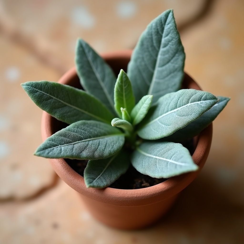Foglie di salvia grigio-verde con texture vellutata in piena luce