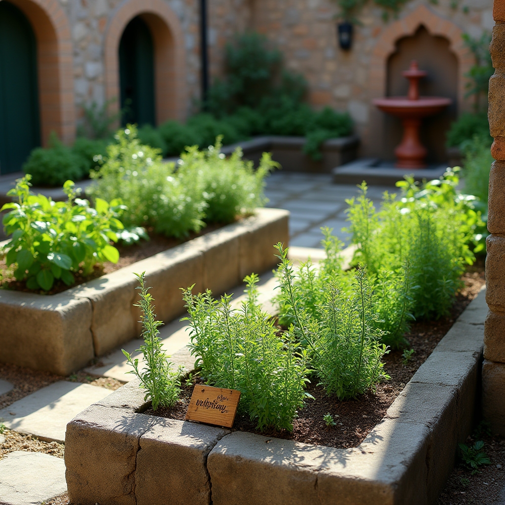 Giardino con erbe aromatiche coltivate in file ordinate sotto la luce del pomeriggio