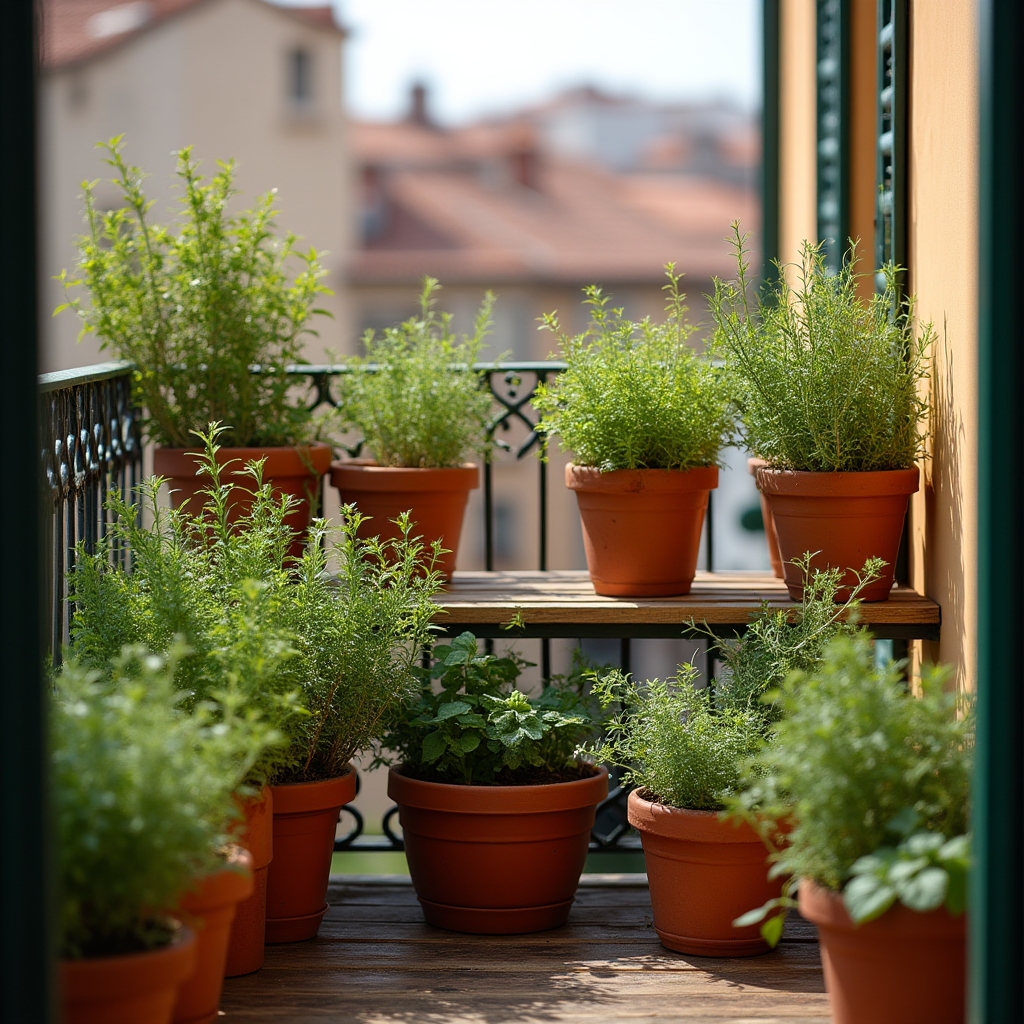 Collezione di vasi di erbe aromatiche su un terrazzo urbano