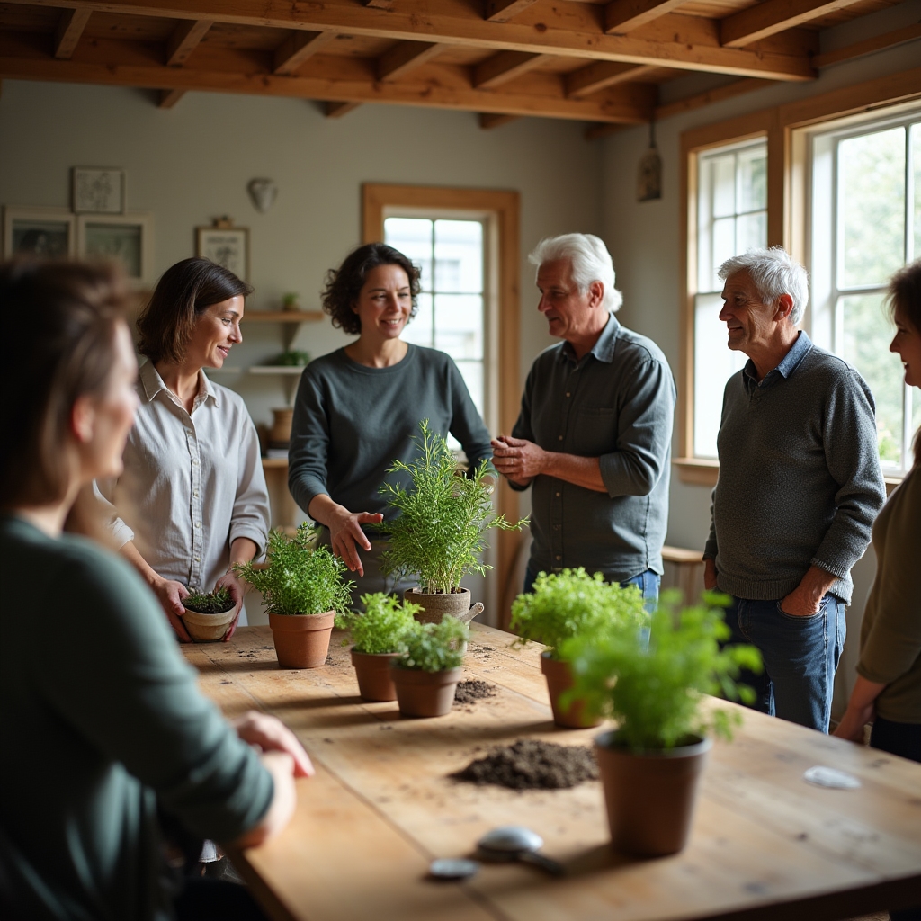 Gruppo di partecipanti al workshop mentre esaminano le erbe aromatiche